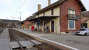 Railway track next to two-story station building