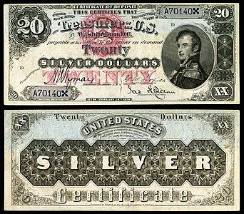 Twenty-dollar silver certificate from the series of 1878, by the Bureau of Engraving and Printing