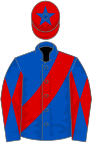 Royal blue, red sash, diabolo on sleeves, red cap, royal blue star