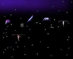 Six relatively large variously shaped organisms with dozens of small light-colored dots all against a dark background. Some of the organisms have antennae that are longer than their bodies.