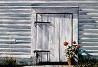 oil painting of a "lamb's door" from white barn, half sized door used to lead sheep in and out of barn