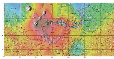 MOLA map showing boundaries for Lunae Planum and other regions. Colors indicate elevations.