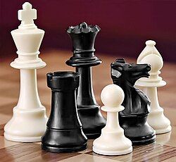 A selection of black and white chess pieces on a chequered surface.