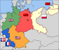 Image 8Occupation zone borders in Germany, 1947. The territories east of the Oder-Neisse line, under Polish and Soviet administration/annexation, are shown as white, as is the likewise detached Saar protectorate. Berlin is the multinational area within the Soviet zone. (from History of East Germany)