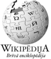 The Latvian Wikipedia's original logo. Note that "Wikipēdija" was spelled with a 'W' from 22 September 2004 to 1 June 2005