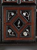 Detail of an engraved mother-of-pearl inlaid table cabinet attributed to Herman Doomer in The Metropolitan, New York, accession number 2011.181.