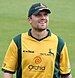 An Australian cricketer wearing yellow-green shirt and a green cap.