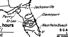 Contour map of rainfall totals in Florida and Georgia