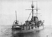 A stern view of the Russian Cruiser Rurik. A twin Pattern 1905 turret can be seen to the right.