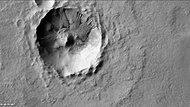 Gullies in a crater that is on the floor of Heaviside Crater, as seen by CTX camera (on Mars Reconnaissance Orbiter). Note: this is an enlargement of the previous image of Heaviside Crater.