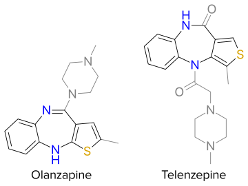 General structure of thienobenzodiazepines. Core is highlighted by black and color. Grey depicts accessory functional groups.