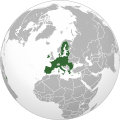 Orthographic projection map of the European Union (in green), without Europe highlighted (in dark grey)