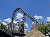 Lift hill and barrel roll downdrop of Iron Gwazi