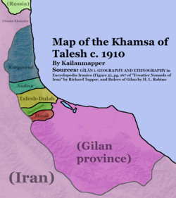 Map of the Khamsa of Talesh, with Karganrud in blue.