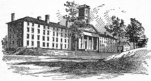 Pen and ink sketch of a row of 19th century brick buildings on a hill. The center building has a clock tower and a Greek Revival front with pillars and a triangular pediment. The two buildings on either side are long, plain, four story buildings with many windows.