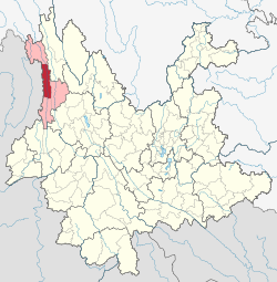 Location of Fugong County (red) and Nujiang Prefecture (pink) within Yunnan province