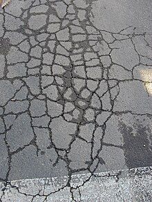 Fatigue cracking in asphalt pavement.