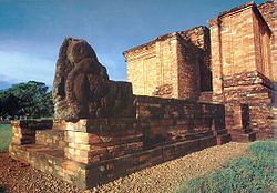 Makara, the portal guardian statue of Candi Gumpung, a Buddhist temple at Muaro Jambi archaeological site, Jambi.