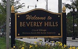 Black sign with gold lettering that says "Welcome to Beverly Hills / City of Chicago / 95th Street Beverly Hills Business Association".