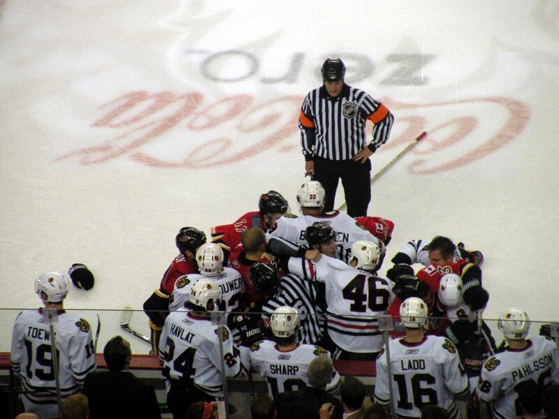 File:Blackhawks-Flames scrum.JPG