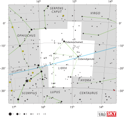 Diagram showing star positions and boundaries of the Libra constellation and its surroundings