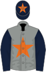 Grey, orange star, dark blue sleeves, dark blue cap, orange star