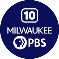 Within a dark blue disk, three lines of text appear, all in white. The first features a number "10" appearing within a curved rectangle, a stylized representation of an older standard-definition television. The second line of text reads "MILWAUKEE" in all capitals, and the third line features the current PBS logomark, with its "Head" element in a circle next to the words "PBS" on the right.