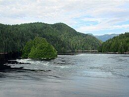 Dent Rapids, which flows east to west between the mainland coast and Sonora Island