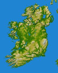 Topographical map of Ireland, incorporating the border between Northern Ireland and the Republic of Ireland.