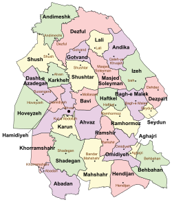 Location of Lali County in Khuzestan province (top right, yellow)