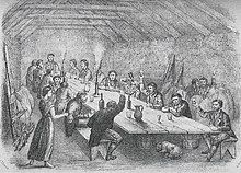 Drawing of a large group at a long, rustic table