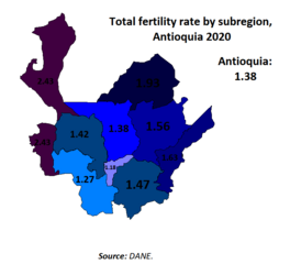 Total fertility rate (children per woman) by subregion, Antioquia 2020.