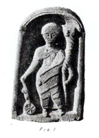 Statuette[2] of the Roman god Fortuna, with gubernaculum (ship's rudder),[3] Rota Fortunae (wheel of fortune) and cornucopia (horn of plenty) found near the altar at Castlecary in 1771.[4]