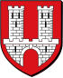 Arms of Wissembourg: On a red field, a white castle with two towers and an open gate, windows black