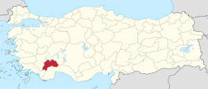 Burdur highlighted in red on a beige political map of Turkeym