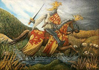 Depiction of Glyndwr as described with a dragon crown and dragon on the head of his horse