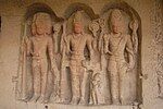 The Trimurti of the three Hindu Gods: Brahmā, Vishnu, and Shiva (left to right) at Ellora Caves