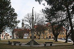 Pillory in the centre of the town square