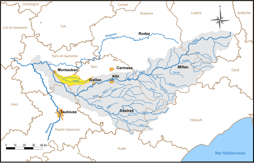 Tarn's drainage basin (in grey), with Tescou's in yellow.