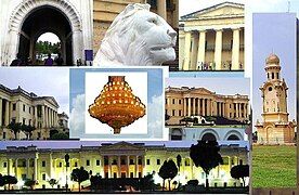 Photos from Hazarduari Palace with the palace's chandelier in the center. This chandelier is the second largest in the world after that in the Buckingham Palace