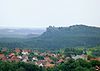 View from the Ziegenberg with the village of Heimburg in the foreground to the ruins of Regenstein Castle on the northwestern spur of the Regenstein