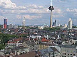 Aerial view of Ehrenfeld with the Colonius telecommunications tower in the background