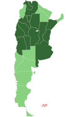 In dark green: provinces; in light green: national territories; in red: disputed territories.