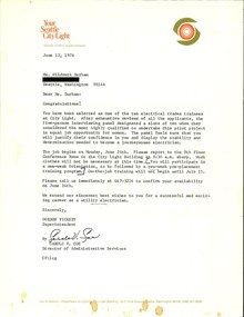 Scanned document of Heidi Durham's acceptance letter into the Electrical Trades Trainee program