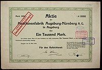 Share of the Maschinenfabrik Augsburg-Nürnberg AG, issued 10 March 1914