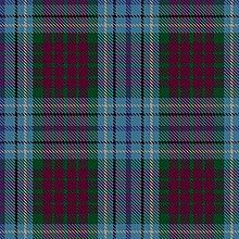 A fairly complex divided-check tartan primarily of azure, maroon, and green with white and black over-checks