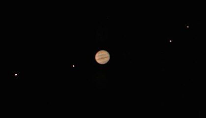 Jupiter and all of the Galilean moons as seen through a 25 cm (10 in) amateur telescope (Meade LX200).