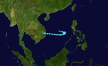 A track map showing the path of a typhoon over the South China Sea. The typhoon initially meanders over a small area, then assumes a westward motion that brings it to the southern coast of Vietnam.