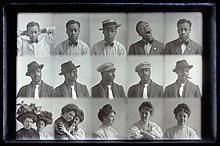 Image of a negative with three rows of five portraits of 3 subjects in each row. Each subject in each portrait wears differing clothing and has different facial expressions. The last row begins with two women, but in the third to fifth frames only one woman is featured.