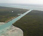 Aerial view of the Zaragoza Canal, the Bay of Chetumal and the Caribbean Sea